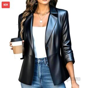 Faux Leather Blazer Slim Fit 3/4 Sleeve Office Interview Jacket